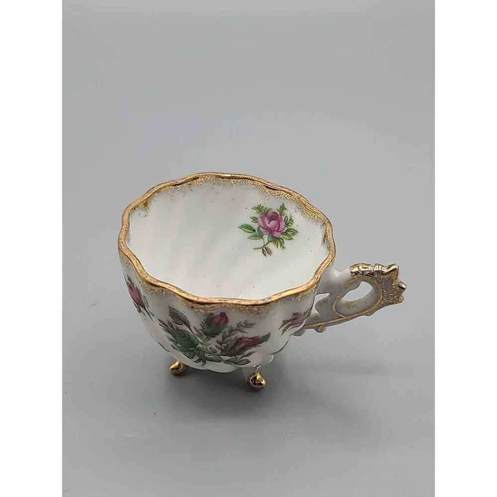 Relco Vintage Tri Footed Teacup Pink Roses Swirl Design Gold Trim